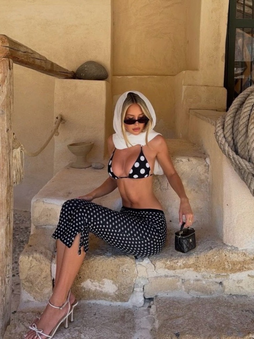Polka Dot Black & White Triangle Bikini Top